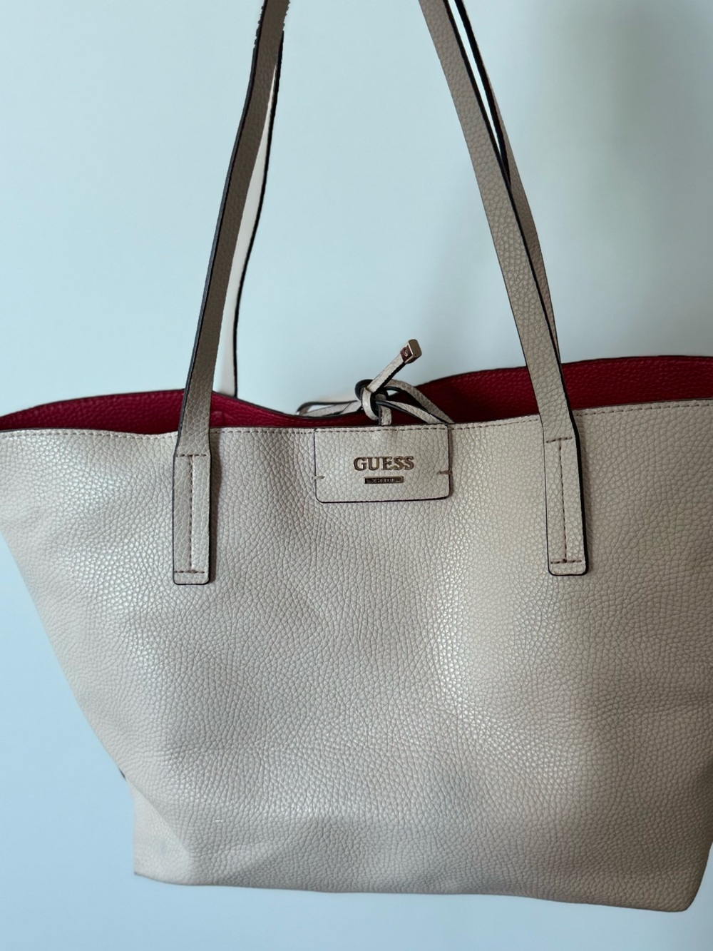 GUESS Pebbled Cream Tote with Red Interior